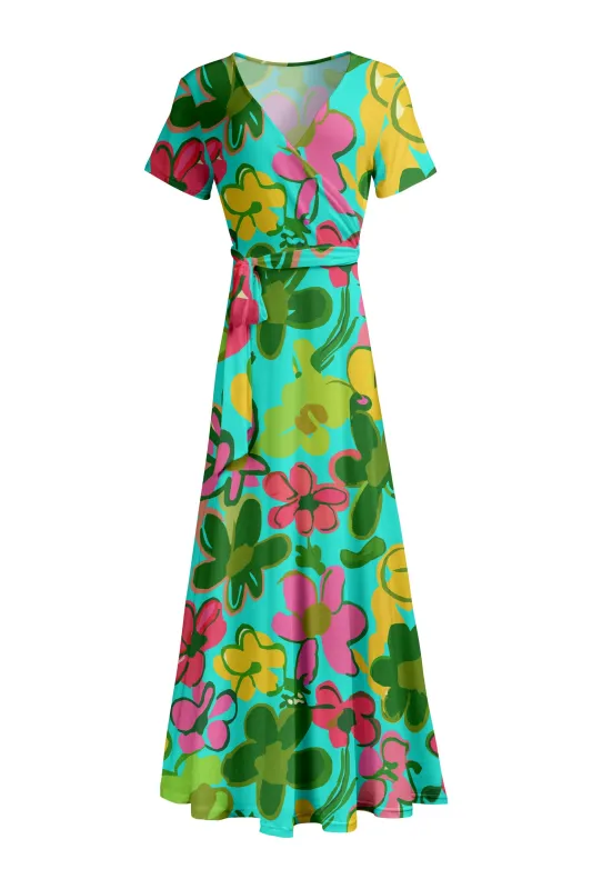 Lily by Firmiana Women's Short Sleeve Wrap-Style Maxi Dress with Tie Green & Red Tropical Leaf Mix sold by Zulily