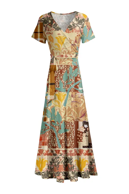 Lily by Firmiana Women's Short Sleeve Wrap-Style Maxi Dress with Tie Tan & Aqua Patchwork Mix sold by Zulily