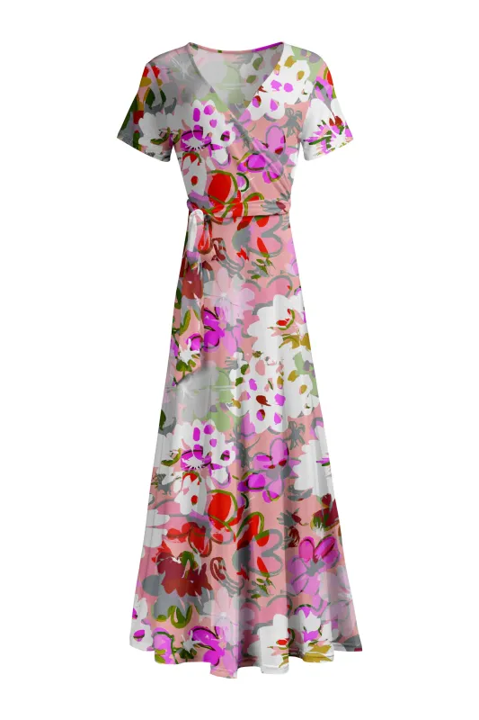 Lily by Firmiana Women's Short Sleeve Wrap-Style Maxi Dress with Tie White & Multicolor Floral Abstract sold by Zulily