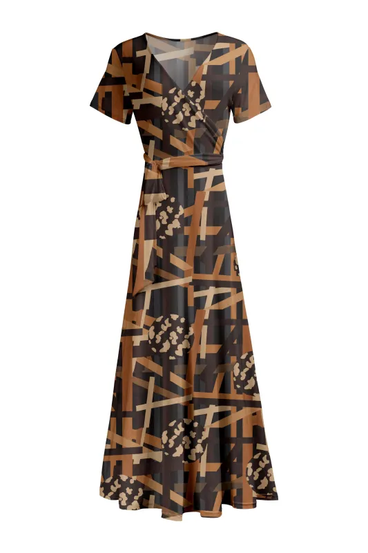 Lily by Firmiana Women's Short Sleeve Wrap-Style Maxi Dress with Tie Brown & Black Geometric Mix sold by Zulily