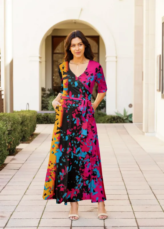 Lily by Firmiana Women's ¾ Sleeve Wrap-Style Maxi Dress with Tie Fuchsia & Blue Tropical Floral sold by Zulily
