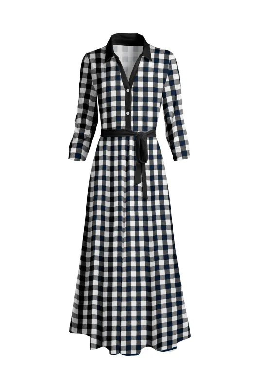 Lily by Firmiana Women's Long Sleeve Collared Maxi Dress with Tie Black & White Gingham Check sold by Zulily