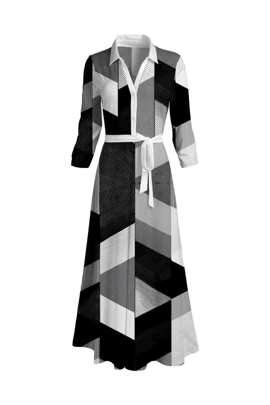 Lily by Firmiana Women's Long Sleeve Collared Maxi Dress with Tie Black & White Block Pattern sold by Zulily