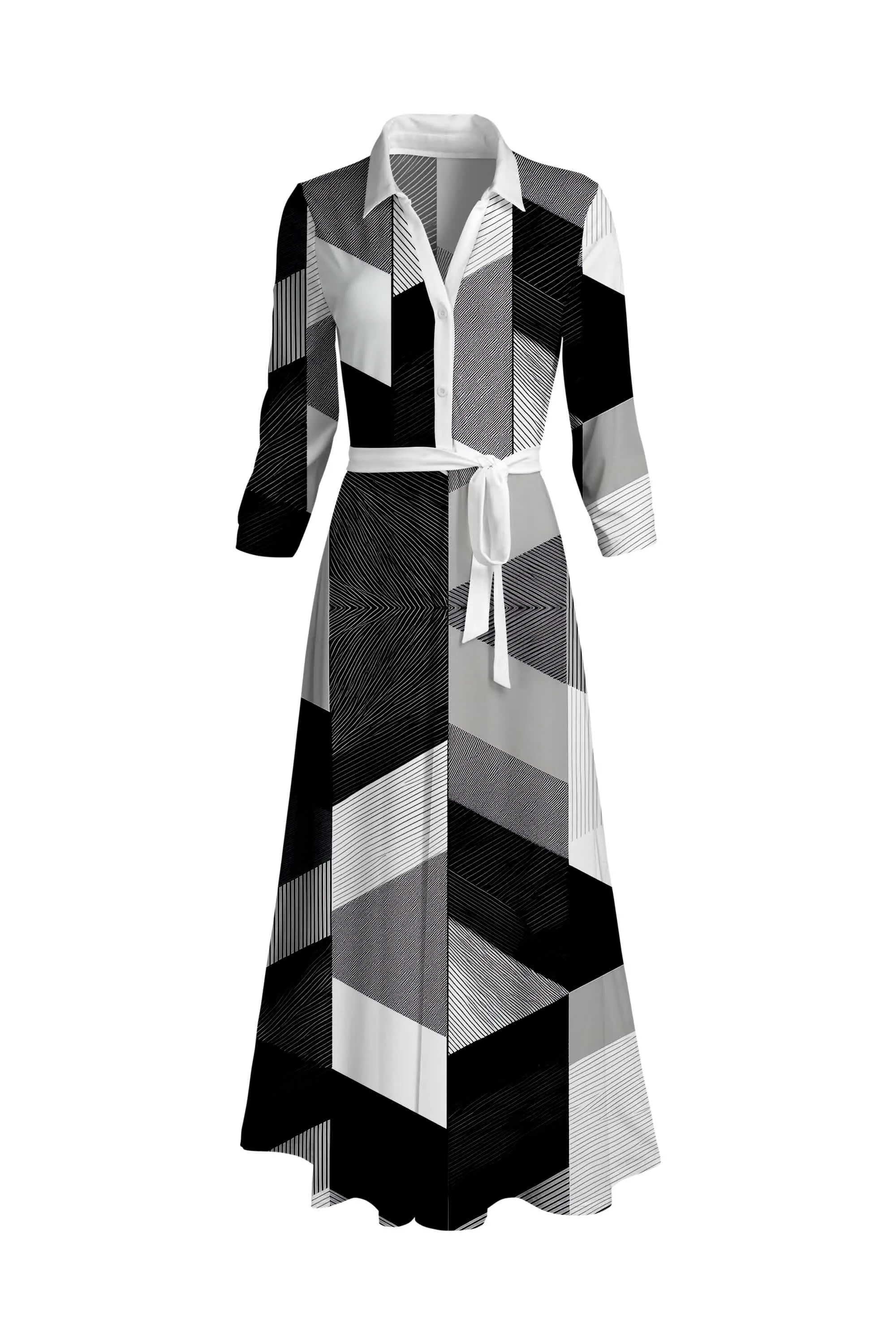 Lily by Firmiana Women's Long Sleeve Collared Maxi Dress with Tie Black & White Block Pattern sold by Zulily