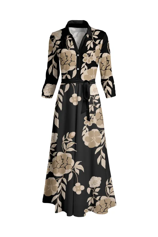 Lily by Firmiana Women's Long Sleeve Collared Maxi Dress with Tie Black & Tan sold by Zulily