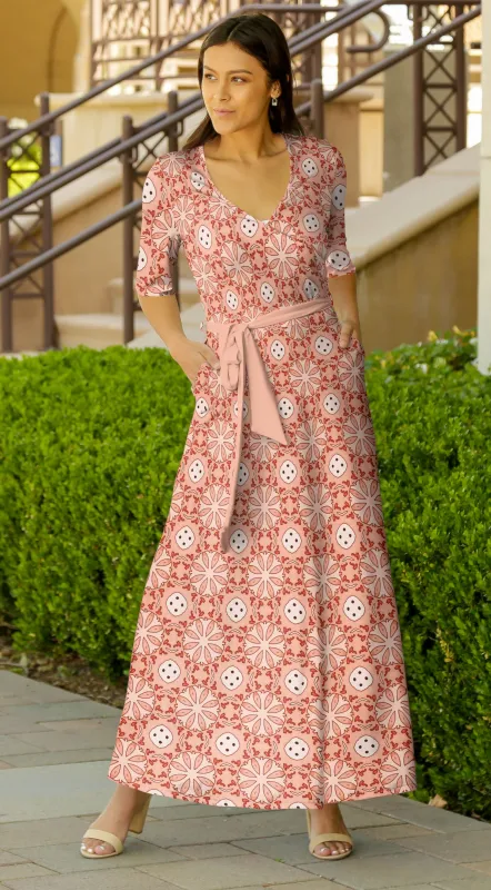 Lily by Firmiana Women's ¾ Sleeve Wrap-Style Maxi Dress with Tie Red & White Tile Print sold by Zulily