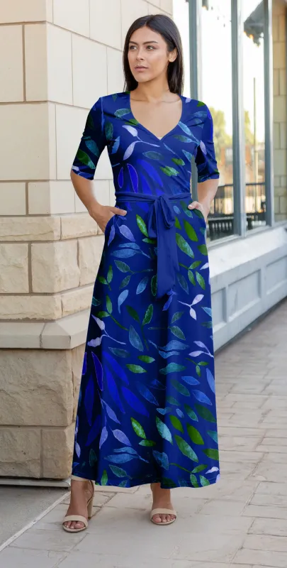 Lily by Firmiana Women's ¾ Sleeve Wrap-Style Maxi Dress with Tie Blue & Green Leaf Pattern sold by Zulily