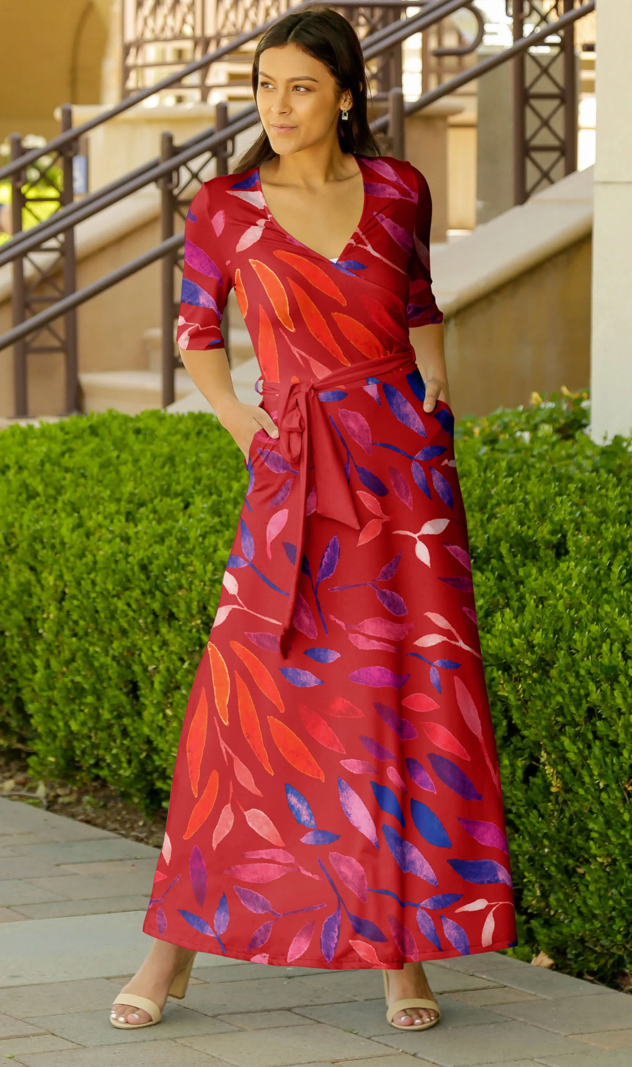 Lily by Firmiana Women's ¾ Sleeve Wrap-Style Maxi Dress with Tie Red & Blue Brushstroke Abstract sold by Zulily