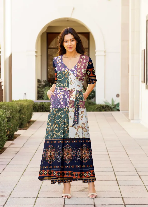 Lily by Firmiana Women's ¾ Sleeve Wrap-Style Maxi Dress with Tie Multicolor Patchwork Mix sold by Zulily