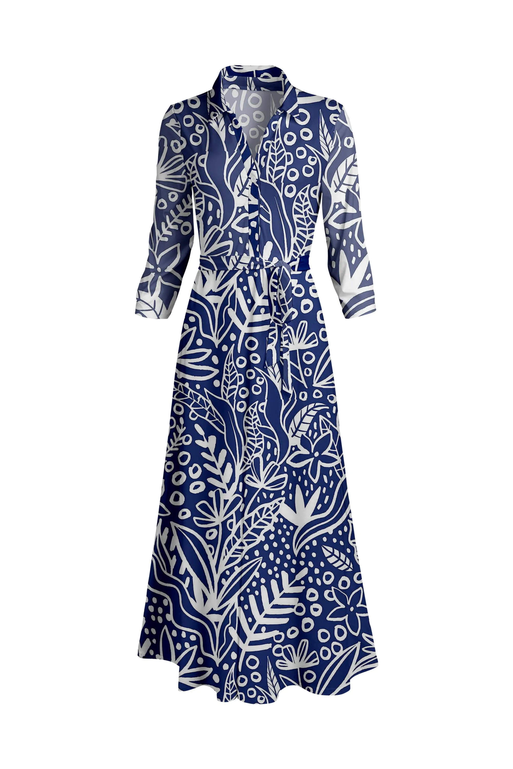 Lily by Firmiana Women's Long Sleeve Collared Maxi Dress with Tie Blue & White Leaf Print sold by Zulily