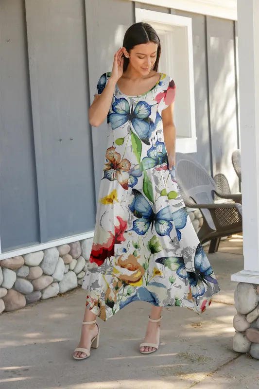 Lily by Firmiana Women's Cap Sleeve Fishtail Maxi Dress Blue & White Floral Abstract sold by Zulily