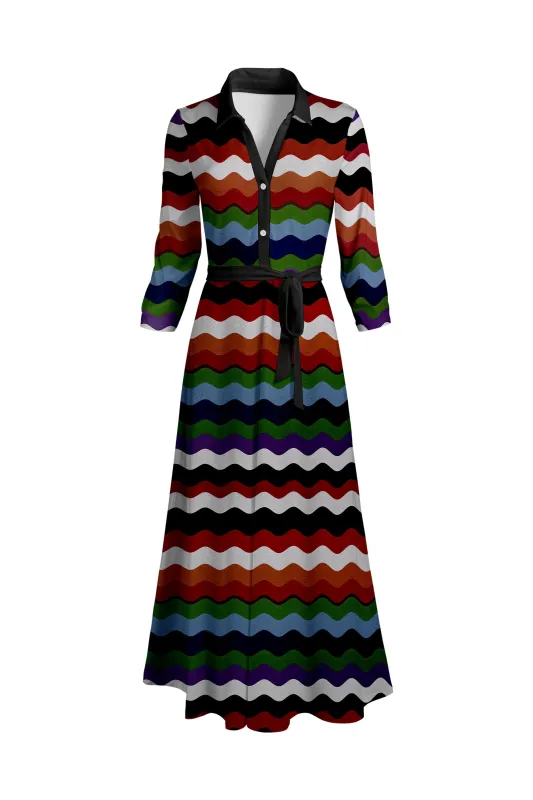 Lily by Firmiana Women's Long Sleeve Collared Maxi Dress with Tie Multicolor Chevron Stripe sold by Zulily