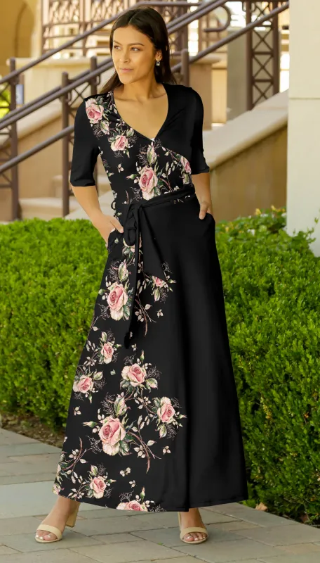 Lily by Firmiana Women's ¾ Sleeve Wrap-Style Maxi Dress with Tie Black & Pink Floral Wrap sold by Zulily
