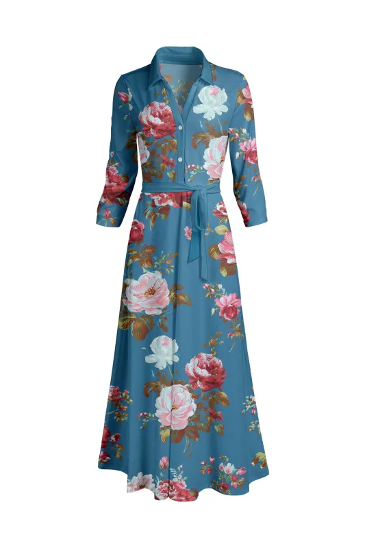 Lily by Firmiana Women's Long Sleeve Collared Maxi Dress with Tie Blue & Pink Floral sold by Zulily