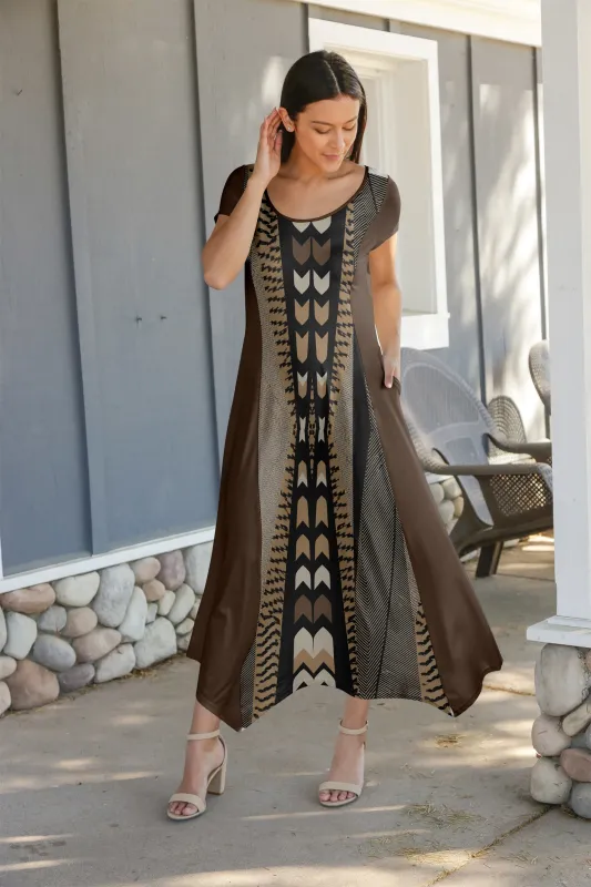 Lily by Firmiana Women's Cap Sleeve Fishtail Maxi Dress Brown & Tan Aztec Stripe sold by Zulily