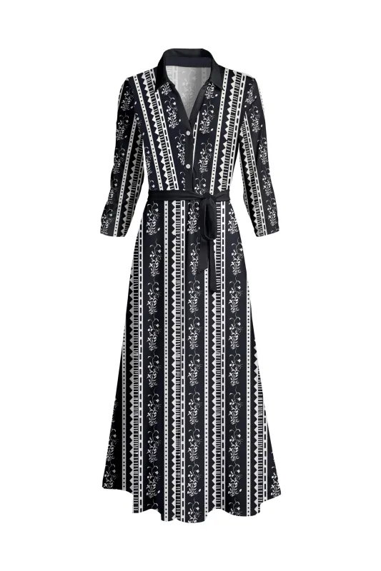 Lily by Firmiana Women's Long Sleeve Collared Maxi Dress with Tie Black & White Linear Geo sold by Zulily