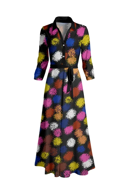 Lily by Firmiana Women's Long Sleeve Collared Maxi Dress with Tie Multicolor Dot Abstract sold by Zulily