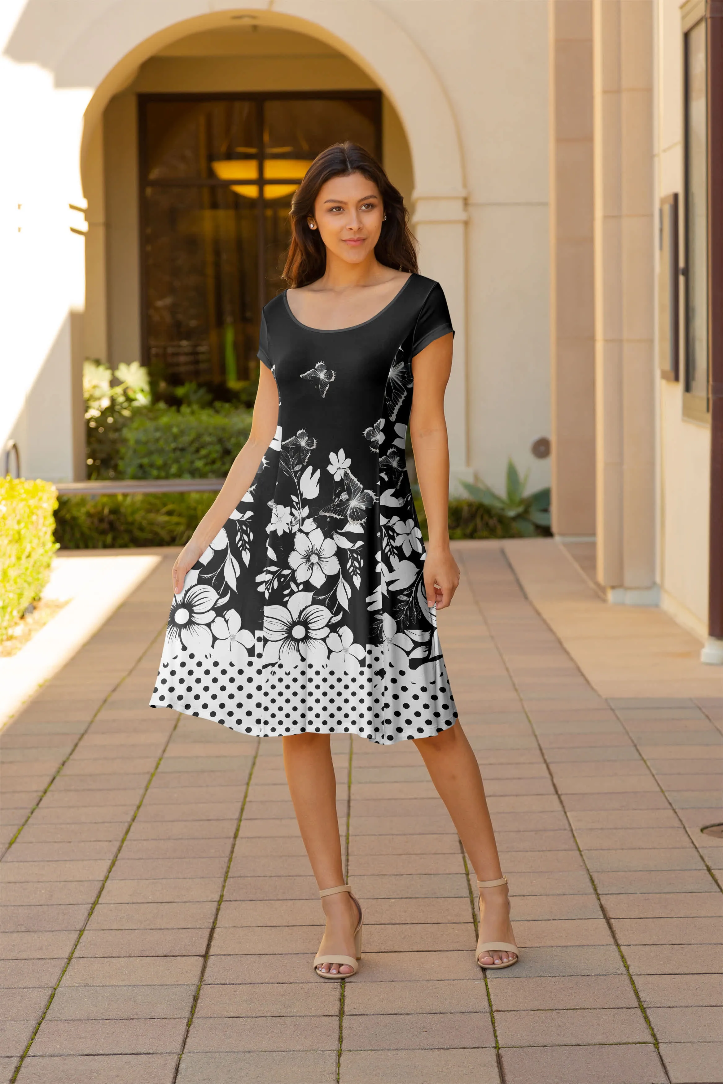 Lily by Firmiana Women's Cap Sleeve Short Dress Black & White Floral Border sold by Zulily