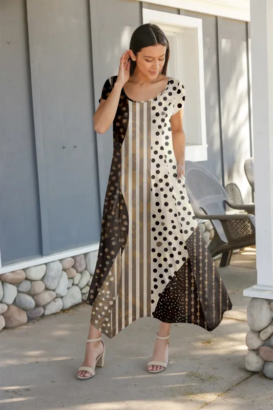 Lily by Firmiana Women's Cap Sleeve Fishtail Maxi Dress Cream & Brown Geo Panel sold by Zulily