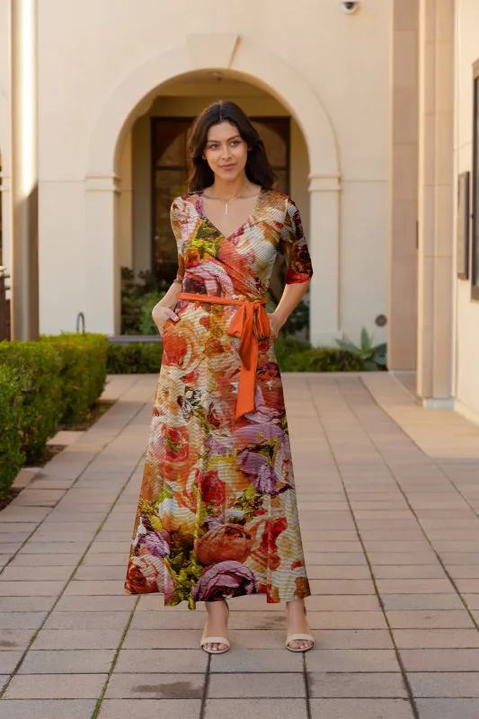 Lily by Firmiana Women's ¾ Sleeve Wrap-Style Maxi Dress with Tie Rust & Purple Floral Mix sold by Zulily