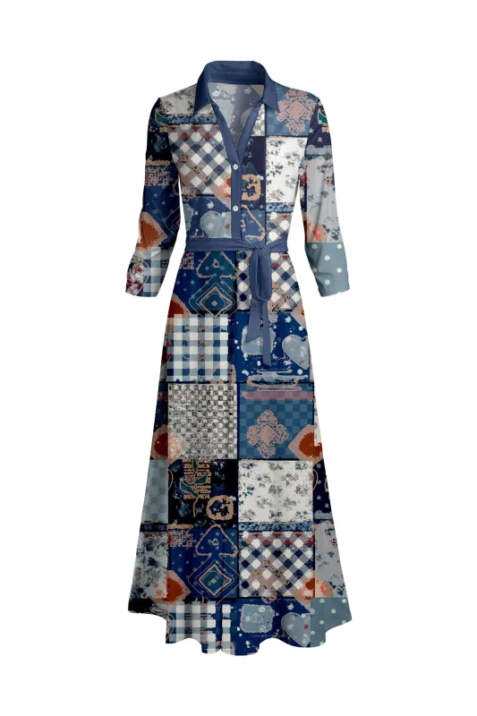 Lily by Firmiana Women's Long Sleeve Collared Maxi Dress with Tie Blue Patchwork Mix sold by Zulily