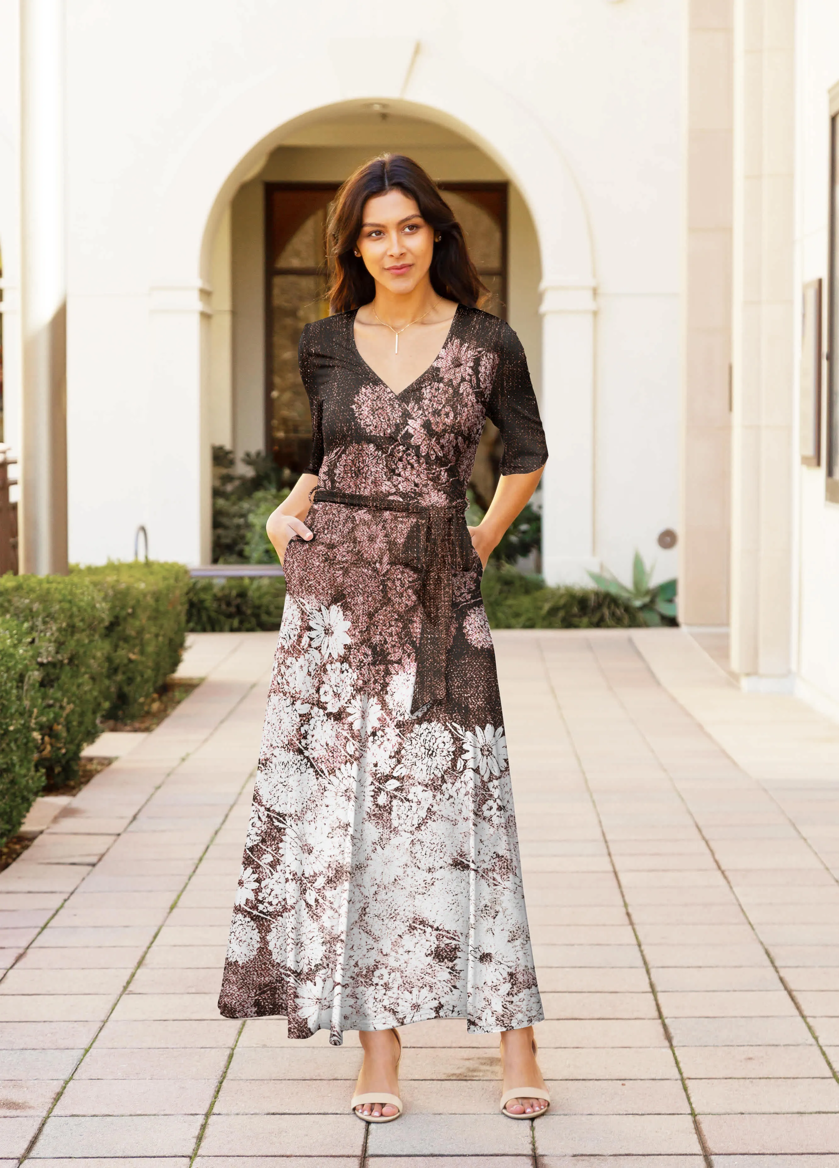 Lily by Firmiana Women's ¾ Sleeve Wrap-Style Maxi Dress with Tie Brown & White Abstract Floral sold by Zulily