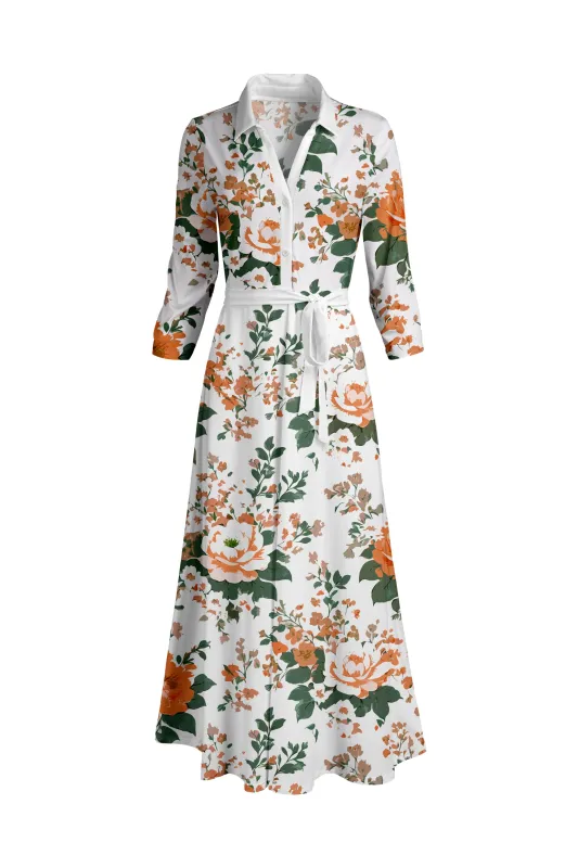Lily by Firmiana Women's Long Sleeve Collared Maxi Dress with Tie Cream & Orange Floral sold by Zulily