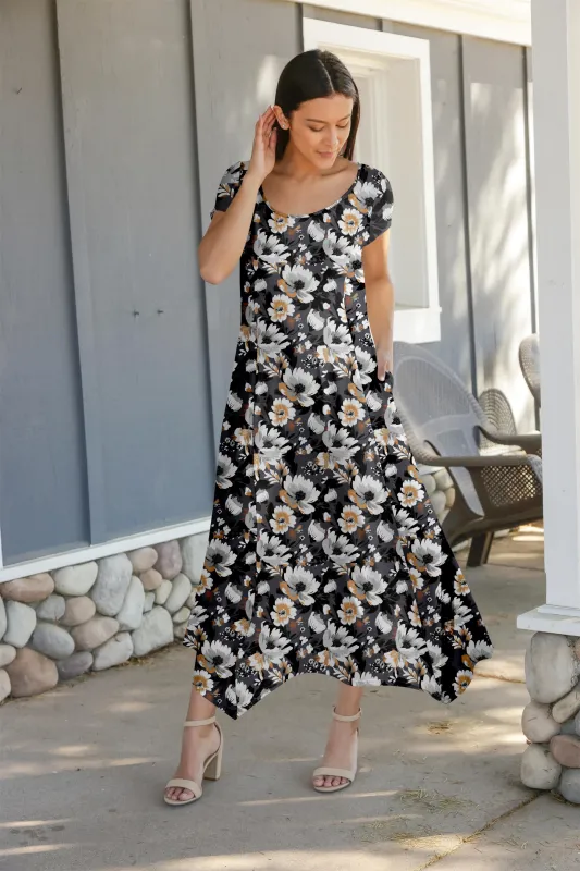 Lily by Firmiana Women's Cap Sleeve Fishtail Maxi Dress Black & White Daisy Mix sold by Zulily