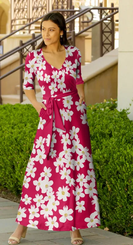 Lily by Firmiana Women's ¾ Sleeve Wrap-Style Maxi Dress with Tie Fuchsia & White Floral sold by Zulily