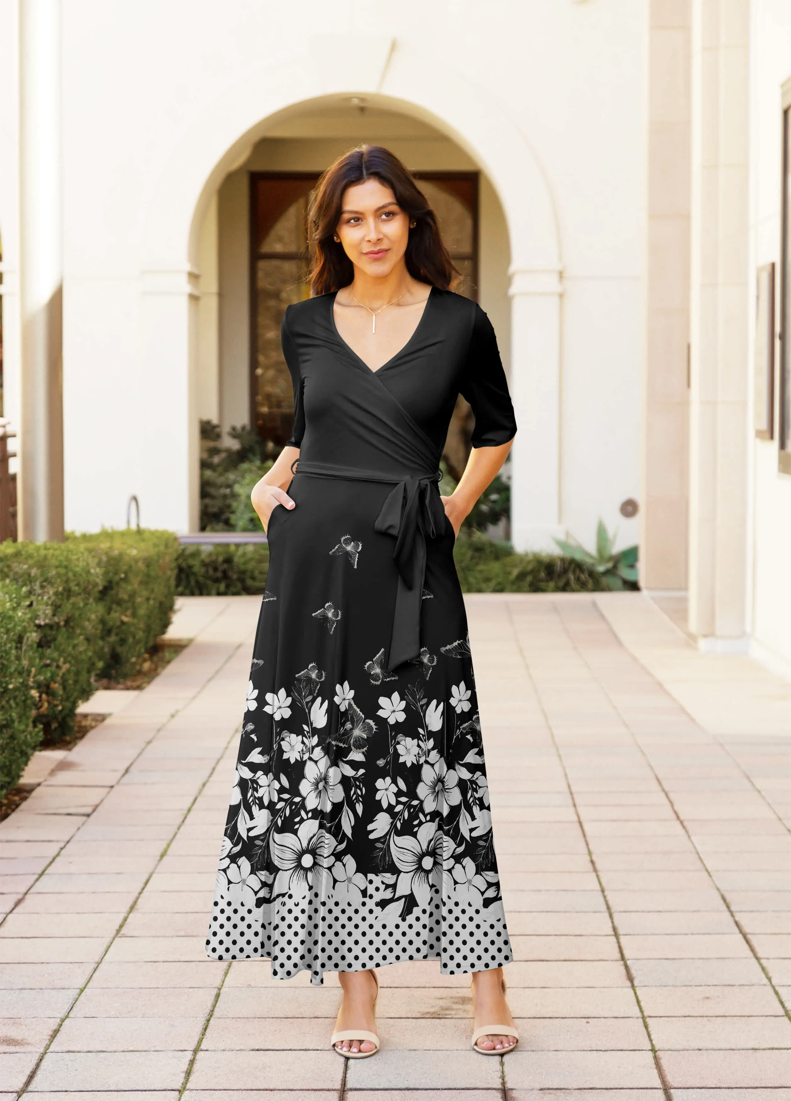 Lily by Firmiana Women's ¾ Sleeve Wrap-Style Maxi Dress with Tie Black & White Floral Border sold by Zulily