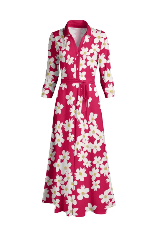 Lily by Firmiana Women's Long Sleeve Collared Maxi Dress with Tie Fuchsia & White Floral sold by Zulily