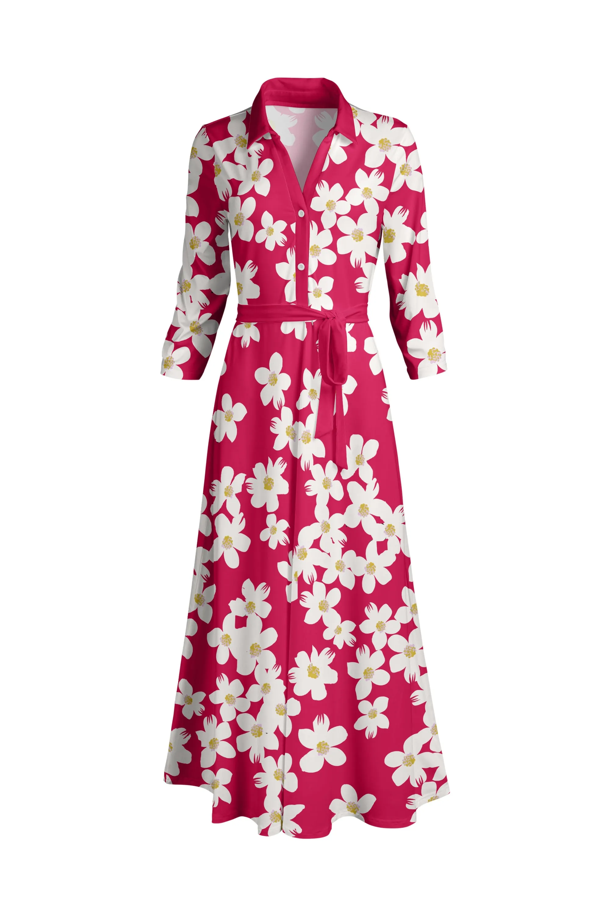 Lily by Firmiana Women's Long Sleeve Collared Maxi Dress with Tie Fuchsia & White Floral sold by Zulily