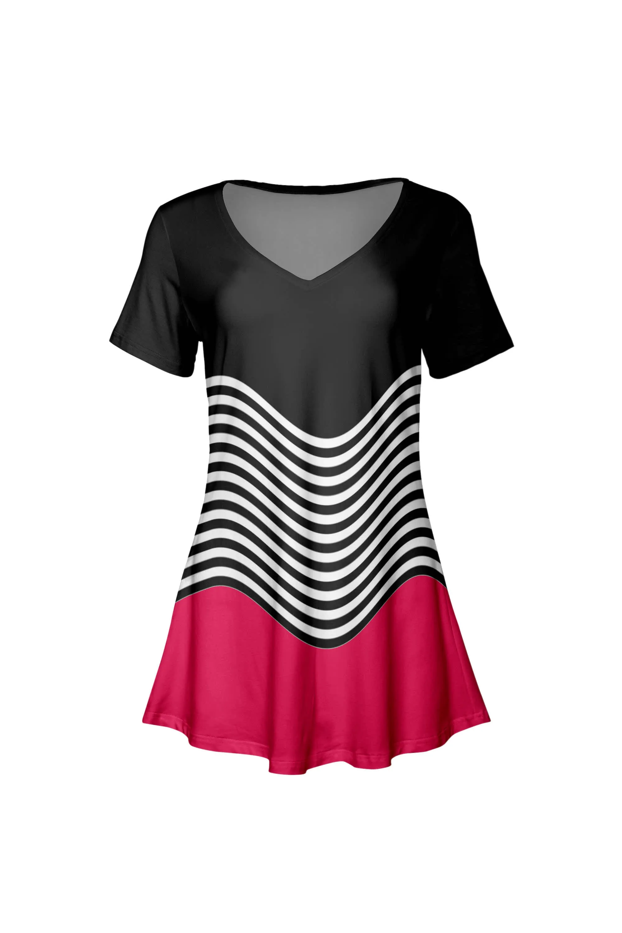 Lily by Firmiana Women's V-Neck Short Sleeve Tunic Fuchsia & Black Stripe Hem sold by Zulily product image thumbnail 4