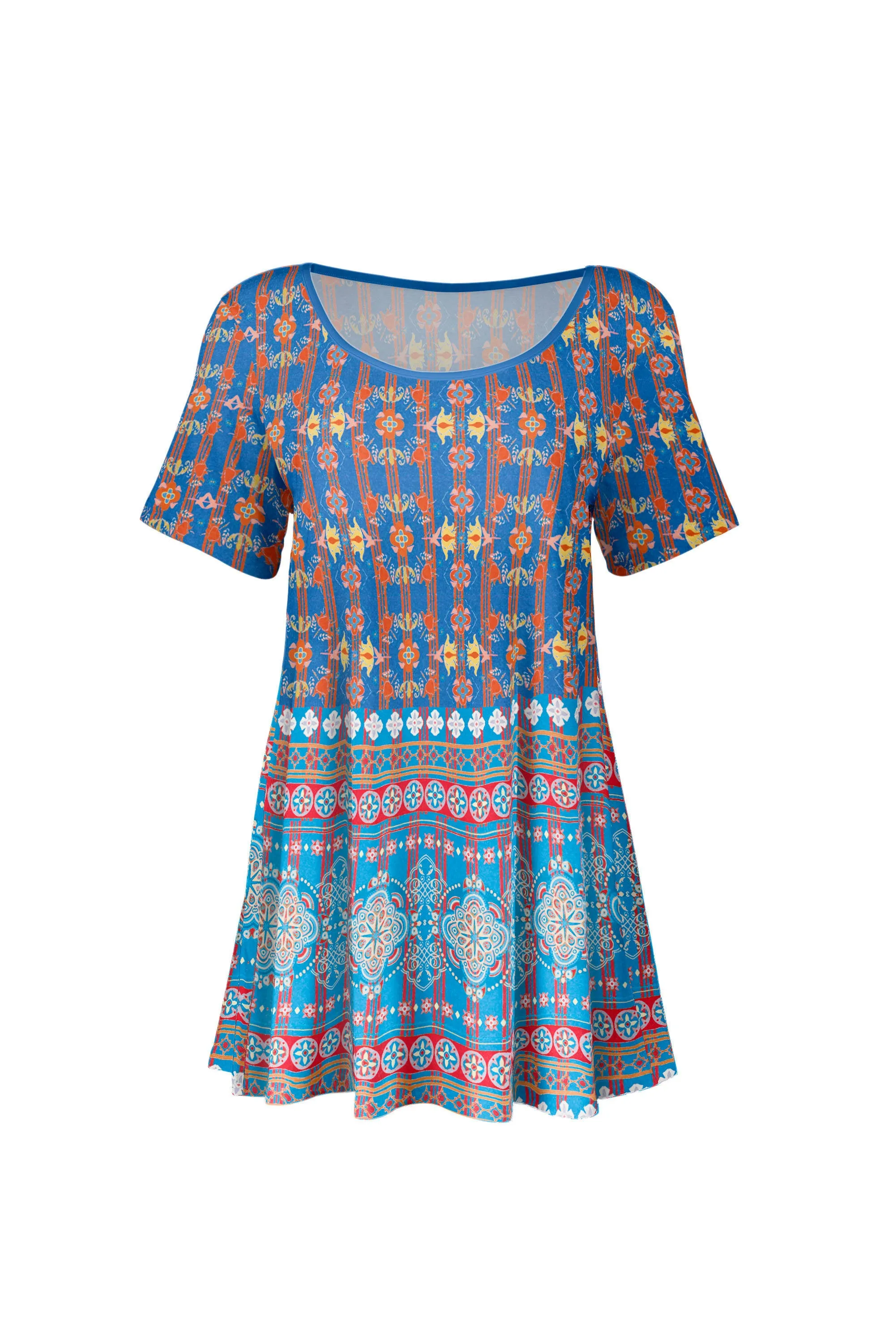 Lily by Firmiana Women's Short Sleeve Round Neck Tunic Orange & Blue Mosaic Geo sold by Zulily