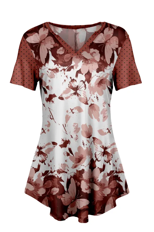 Lily by Firmiana Women's Short Sleeve Notch Neck Tunic Rust and White Floral sold by Zulily