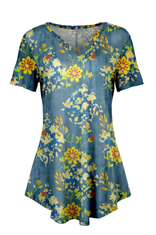 Lily by Firmiana Women's Short Sleeve Notch Neck Tunic Blue and Yellow Floral sold by Zulily