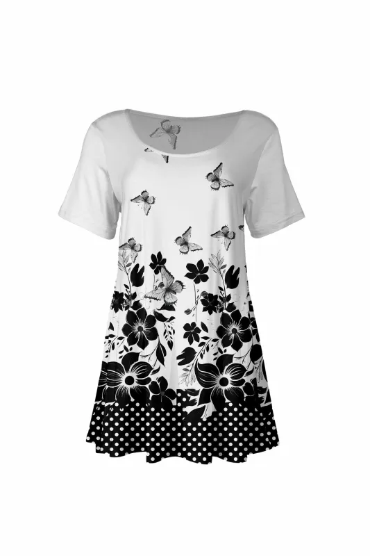 Lily by Firmiana Women's Short Sleeve Round Neck Tunic White & Black Floral Border sold by Zulily