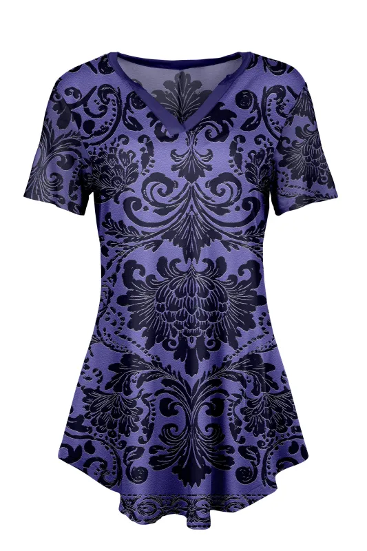 Lily by Firmiana Women's Short Sleeve Notch Neck Tunic Black and Purple Flourish sold by Zulily
