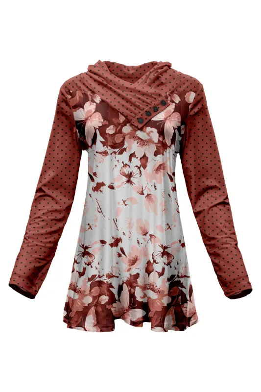 Lily by Firmiana Women's Shawl Neck Tunic with 4-Button Placket and Long Sleeves Rust and White Floral with Polka Dot sold by Zulily