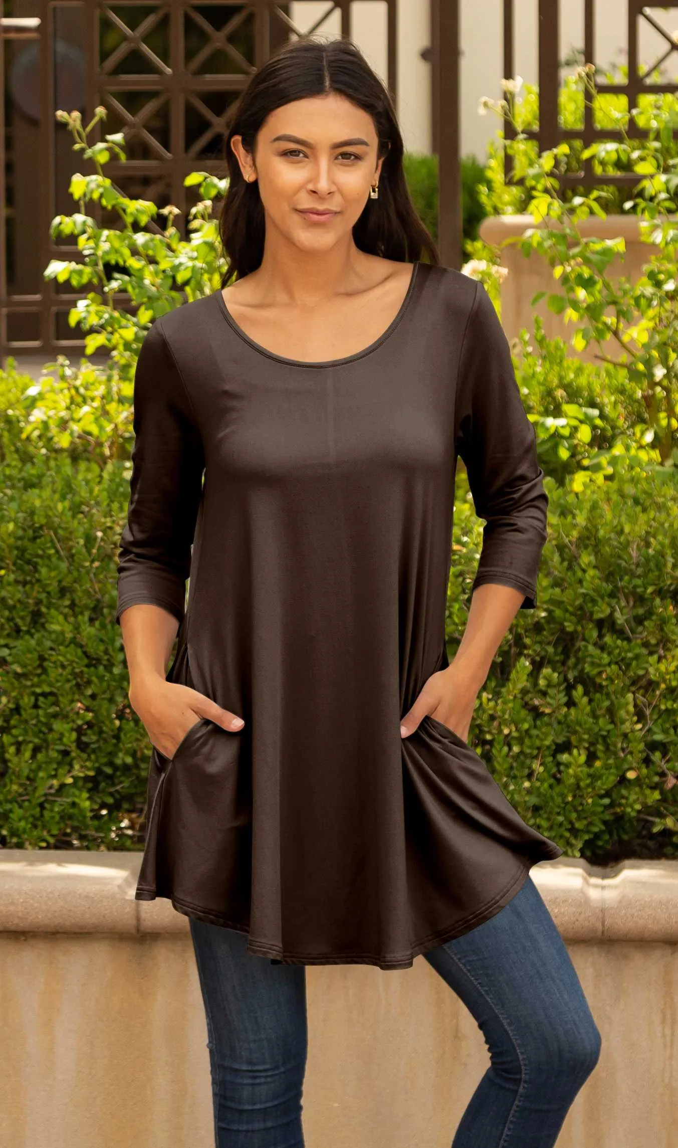 Lily by Firmiana Women's Round Hem Tunic with ¾ Length Sleeves and Side Pockets Solid Brown sold by Zulily product image thumbnail 2