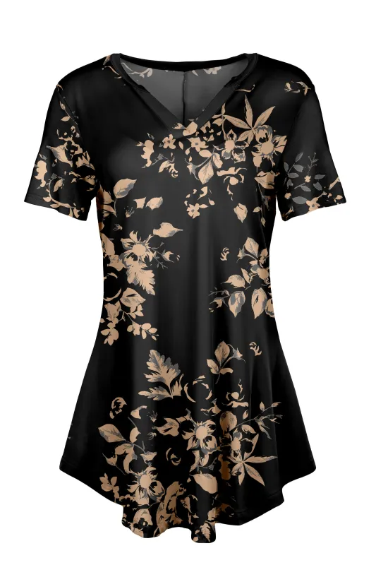 Lily by Firmiana Women's Short Sleeve Notch Neck Tunic Champagne and Black Floral sold by Zulily