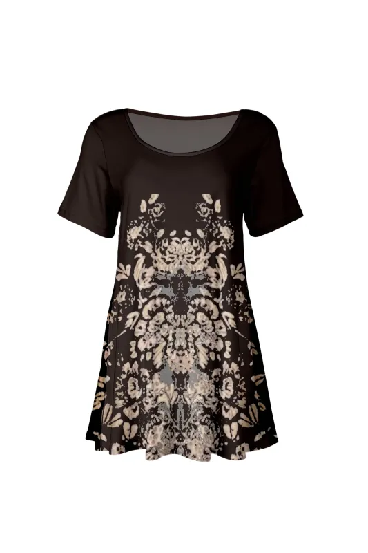 Lily by Firmiana Women's Short Sleeve Round Neck Tunic Brown & Cream Abstract Floral sold by Zulily