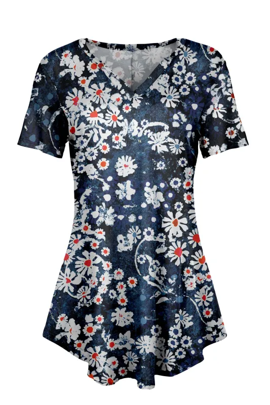 Lily by Firmiana Women's Short Sleeve Notch Neck Tunic Navy Blue and White Daisy sold by Zulily