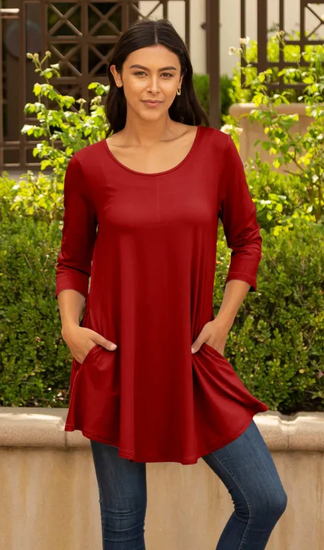 Lily by Firmiana Women's Round Hem Tunic with ¾ Length Sleeves and Side Pockets Solid Red sold by Zulily