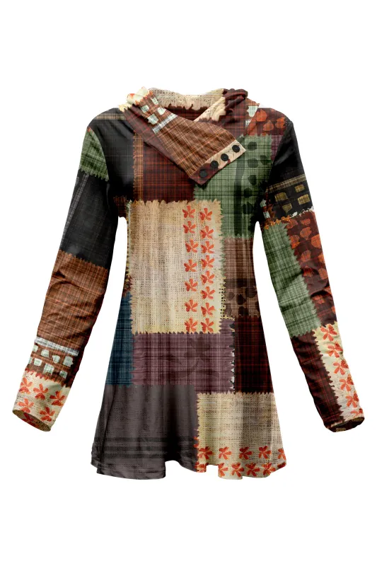 Lily by Firmiana Women's Shawl Neck Tunic with 4-Button Placket and Long Sleeves Brown and Multicolored Fall Patchwork sold by Zulily