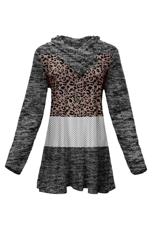 Lily by Firmiana Women's Shawl Neck Tunic with 4-Button Placket and Long Sleeves Leopard and Heathered Grey made by Zulily