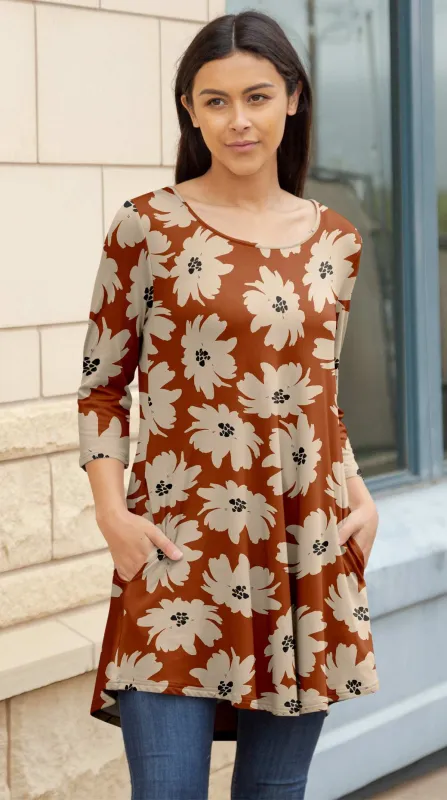 Lily by Firmiana Women's Round Hem Tunic with ¾ Length Sleeves and Side Pockets Orange and Tan Floral sold by Zulily