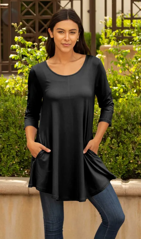 Lily by Firmiana Women's Round Hem Tunic with ¾ Length Sleeves and Side Pockets Solid Black sold by Zulily