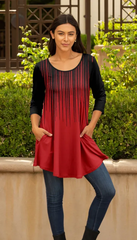 Lily by Firmiana Women's Round Hem Tunic with ¾ Length Sleeves and Side Pockets Red and Black Linear Geometric sold by Zulily