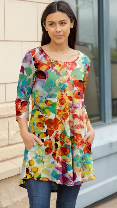 Lily by Firmiana Women's Round Hem Tunic with ¾ Length Sleeves and Side Pockets Orange and Mint Green Leaf sold by Zulily